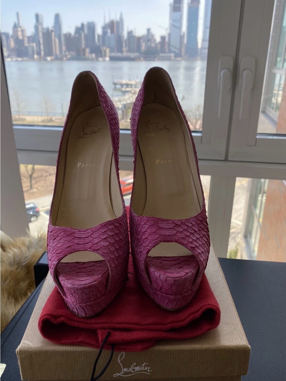Christian Louboutin Magenta Open-Toe Python Platform Pumps